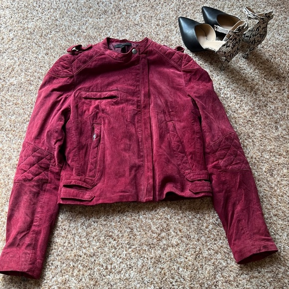 Joes jd 100% Leather Deep Red Moto Jacket Size Small 15” across and 20” length - Picture 1 of 5